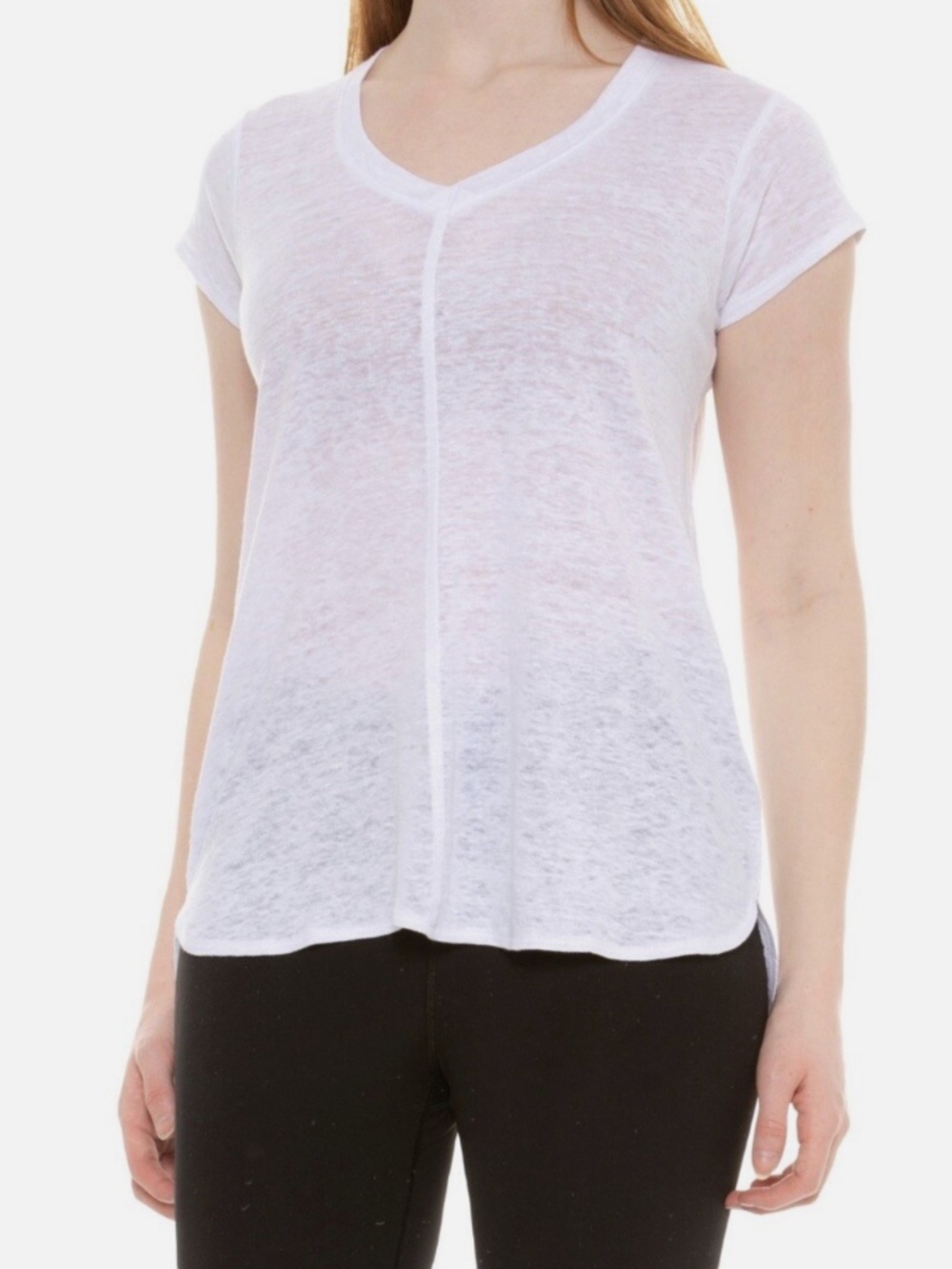 Tahari Linen V-Neck Top Women Size L Short Sleeve Casual Tee white